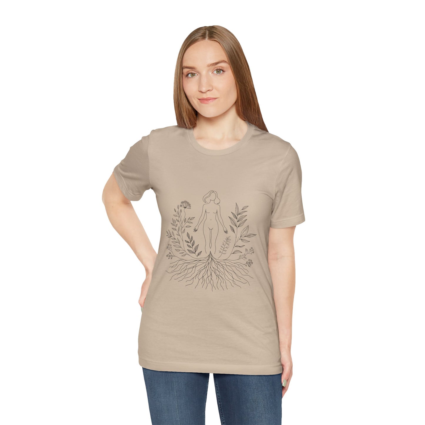 Earthbound Woman Tee – Botanical Line Art Drawing, Spiritual Nude Design | Arte Vert Designs