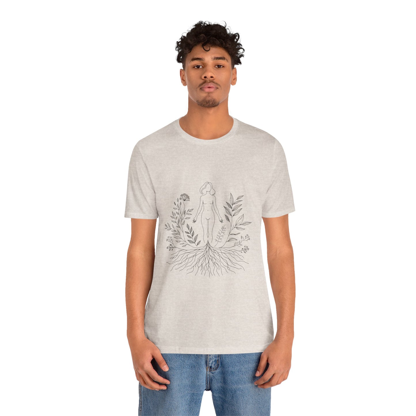 Earthbound Woman Tee – Botanical Line Art Drawing, Spiritual Nude Design | Arte Vert Designs