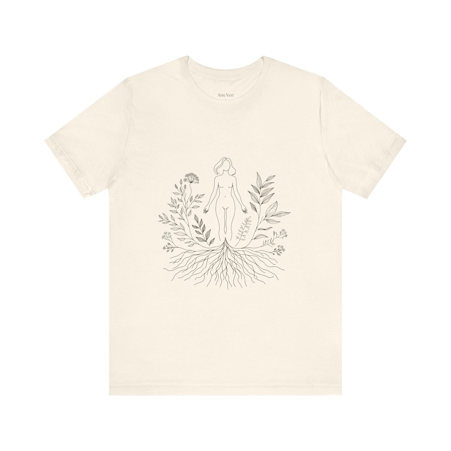 Earthbound Woman Tee – Botanical Line Art Drawing, Spiritual Nude Design | Arte Vert Designs