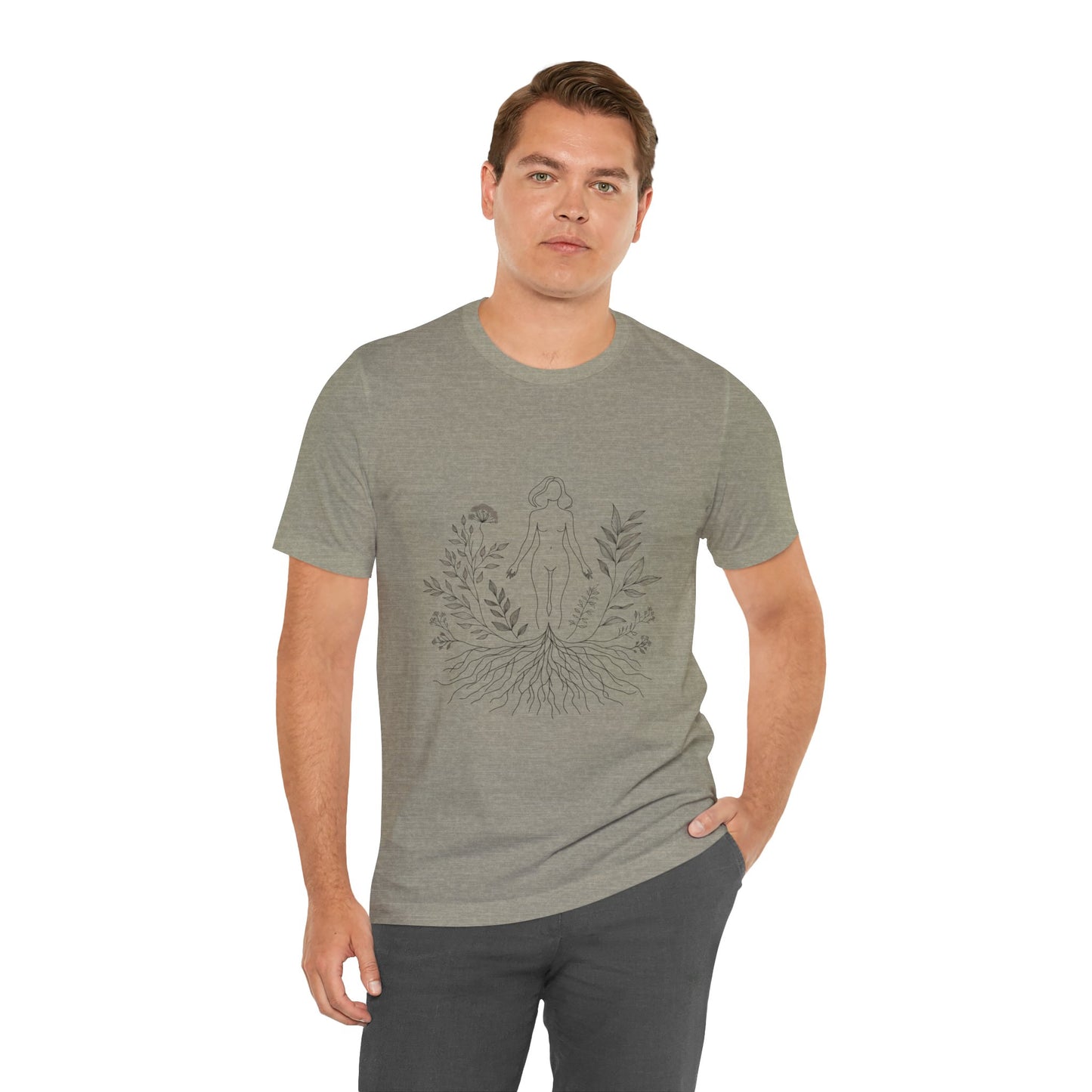 Earthbound Woman Tee – Botanical Line Art Drawing, Spiritual Nude Design | Arte Vert Designs