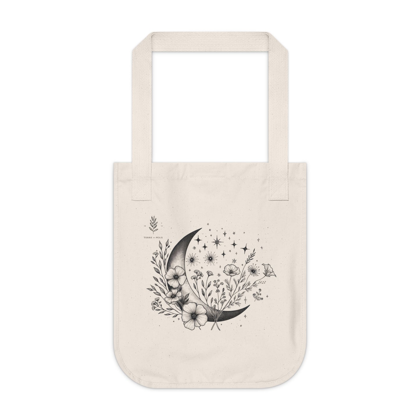 Moon in Bloom Tote – Boho Floral & Crescent Moon Line Art | Sustainable Celestial Canvas Bag
