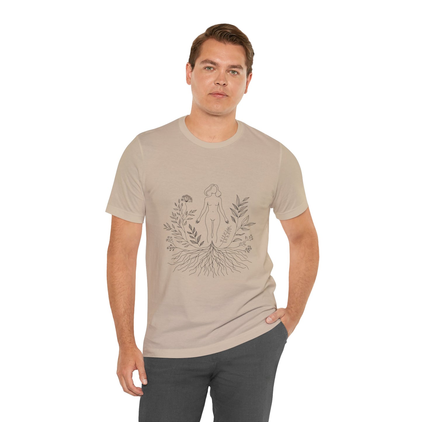 Earthbound Woman Tee – Botanical Line Art Drawing, Spiritual Nude Design | Arte Vert Designs