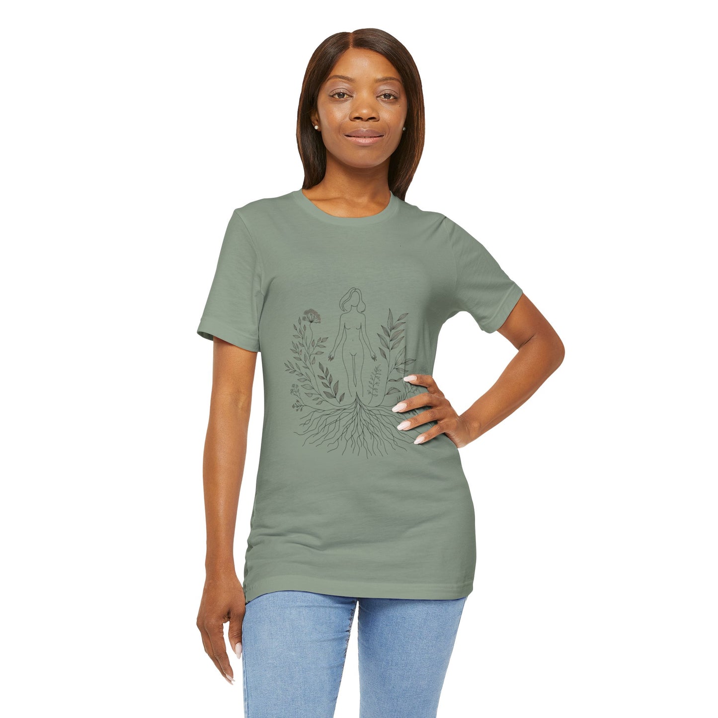 Earthbound Woman Tee – Botanical Line Art Drawing, Spiritual Nude Design | Arte Vert Designs