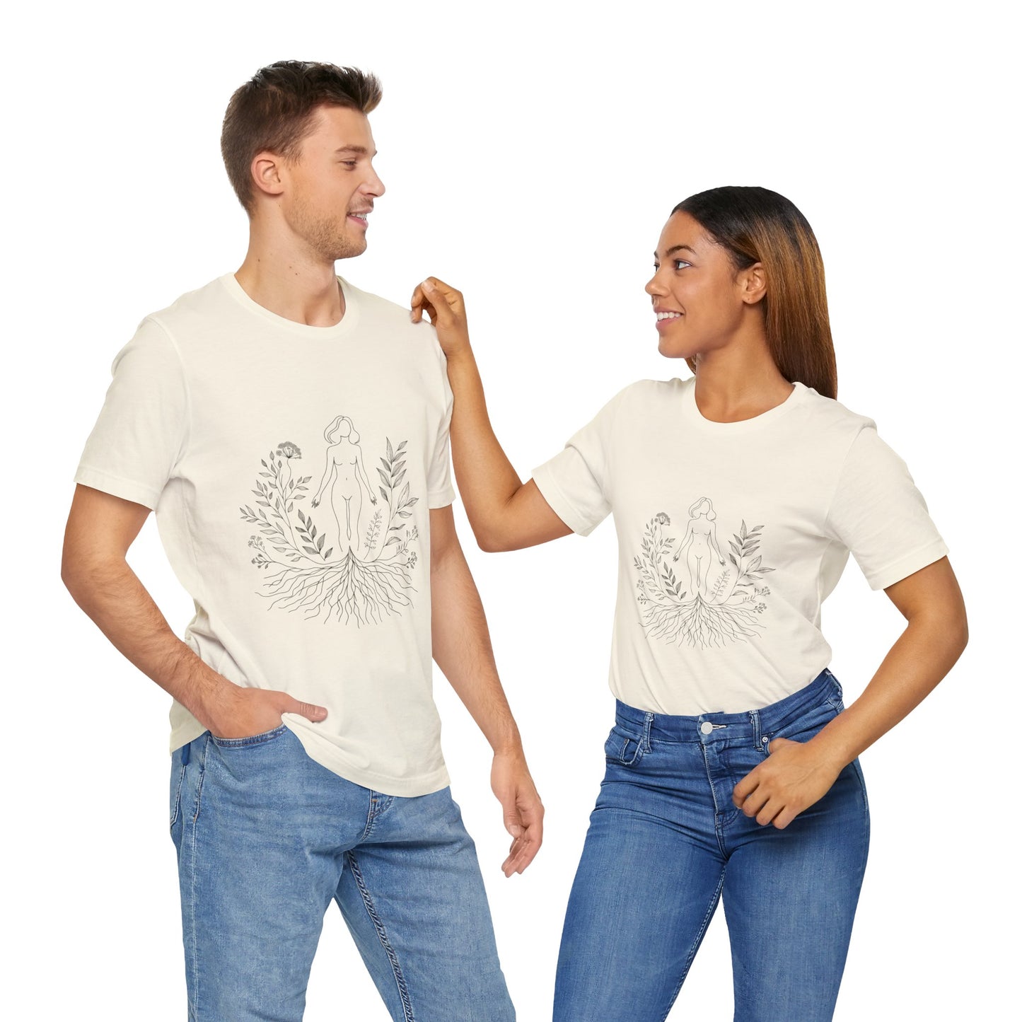 Earthbound Woman Tee – Botanical Line Art Drawing, Spiritual Nude Design | Arte Vert Designs
