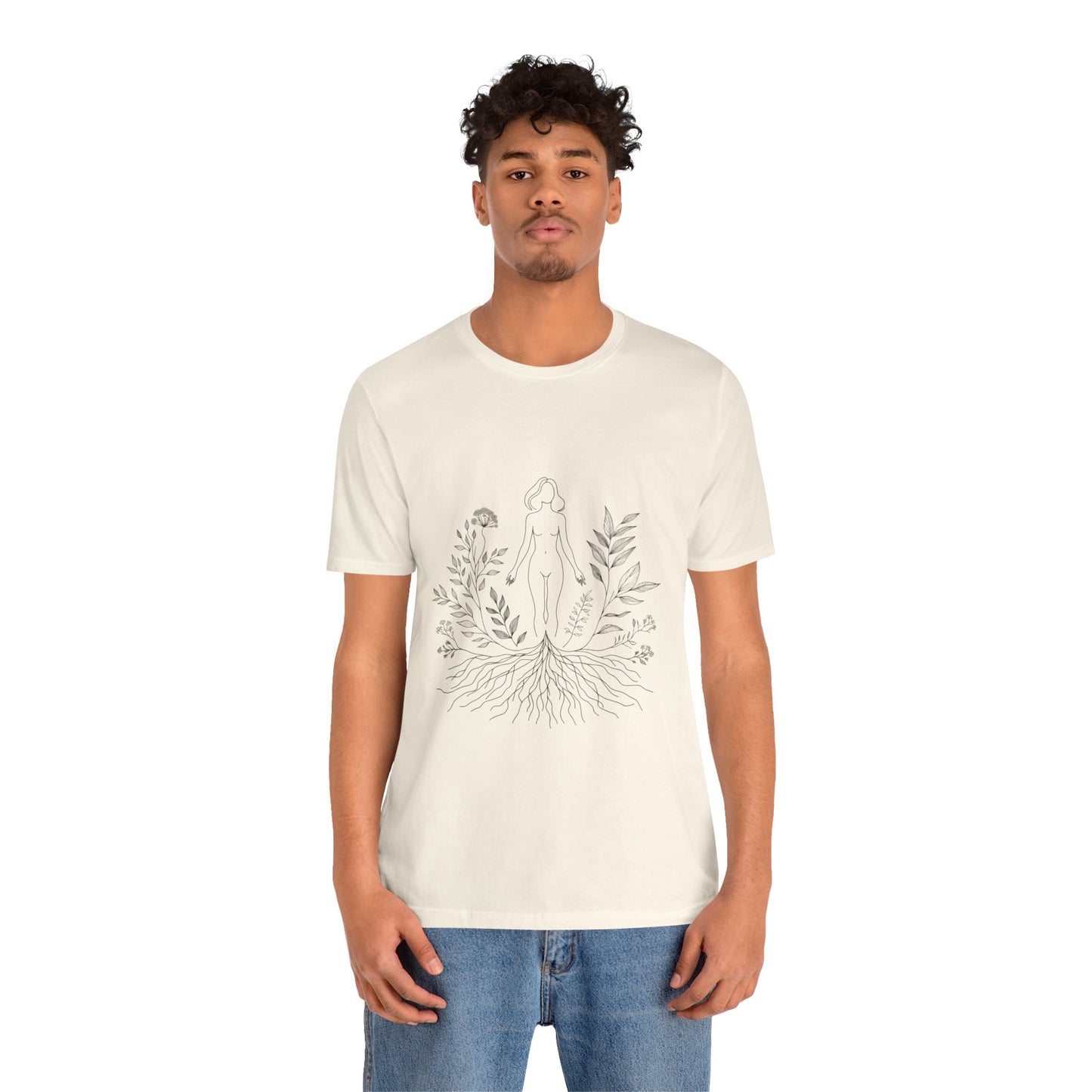 Earthbound Woman Tee – Botanical Line Art Drawing, Spiritual Nude Design | Arte Vert Designs