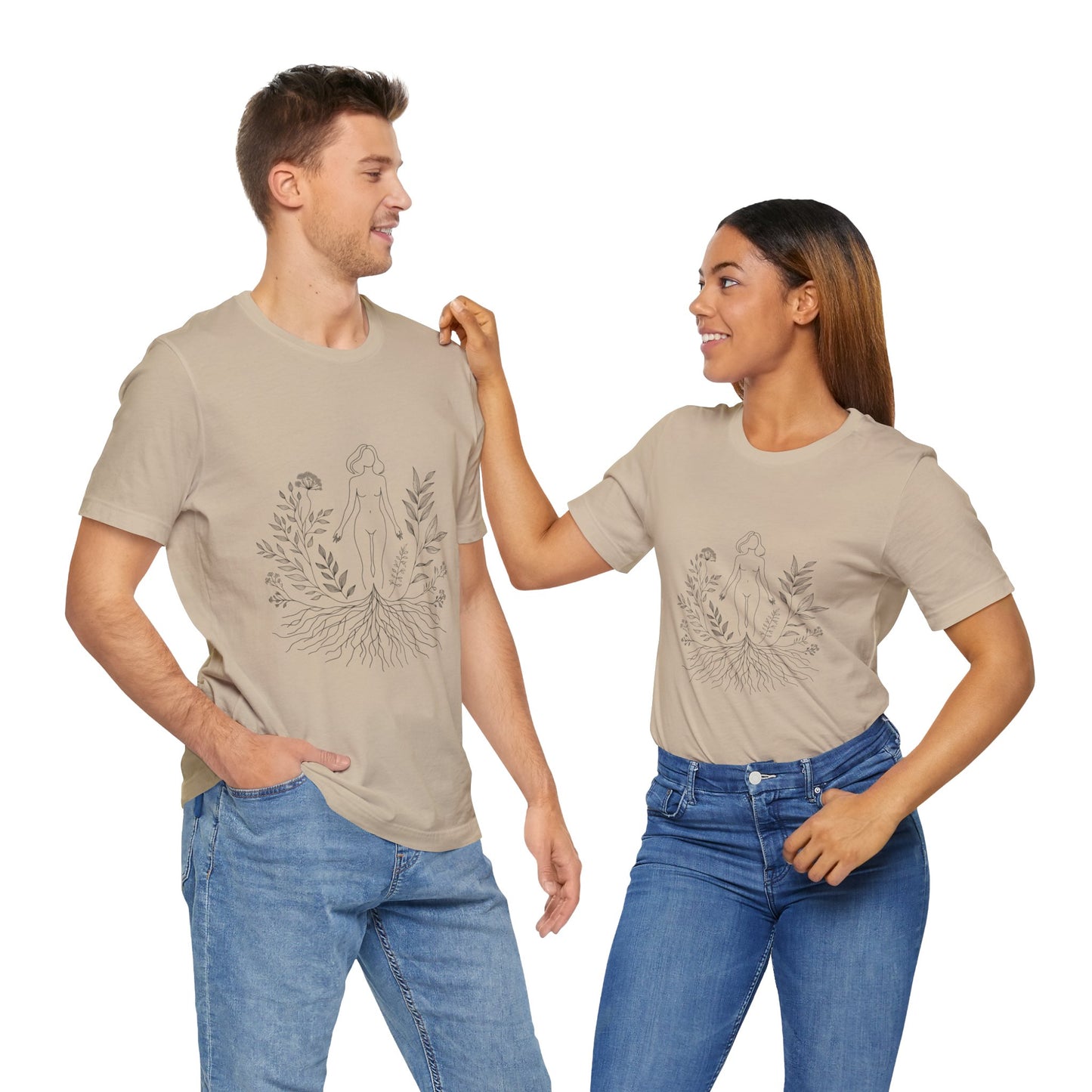 Earthbound Woman Tee – Botanical Line Art Drawing, Spiritual Nude Design | Arte Vert Designs