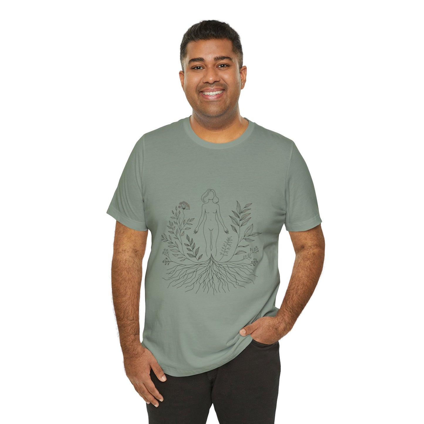 Earthbound Woman Tee – Botanical Line Art Drawing, Spiritual Nude Design | Arte Vert Designs