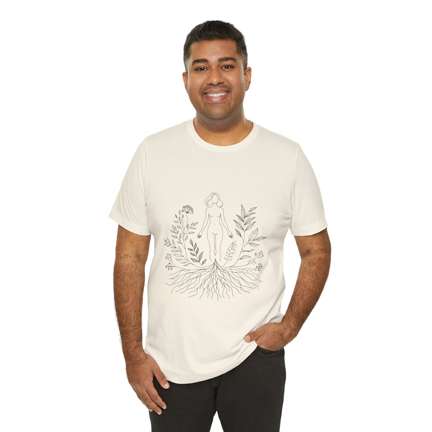 Earthbound Woman Tee – Botanical Line Art Drawing, Spiritual Nude Design | Arte Vert Designs