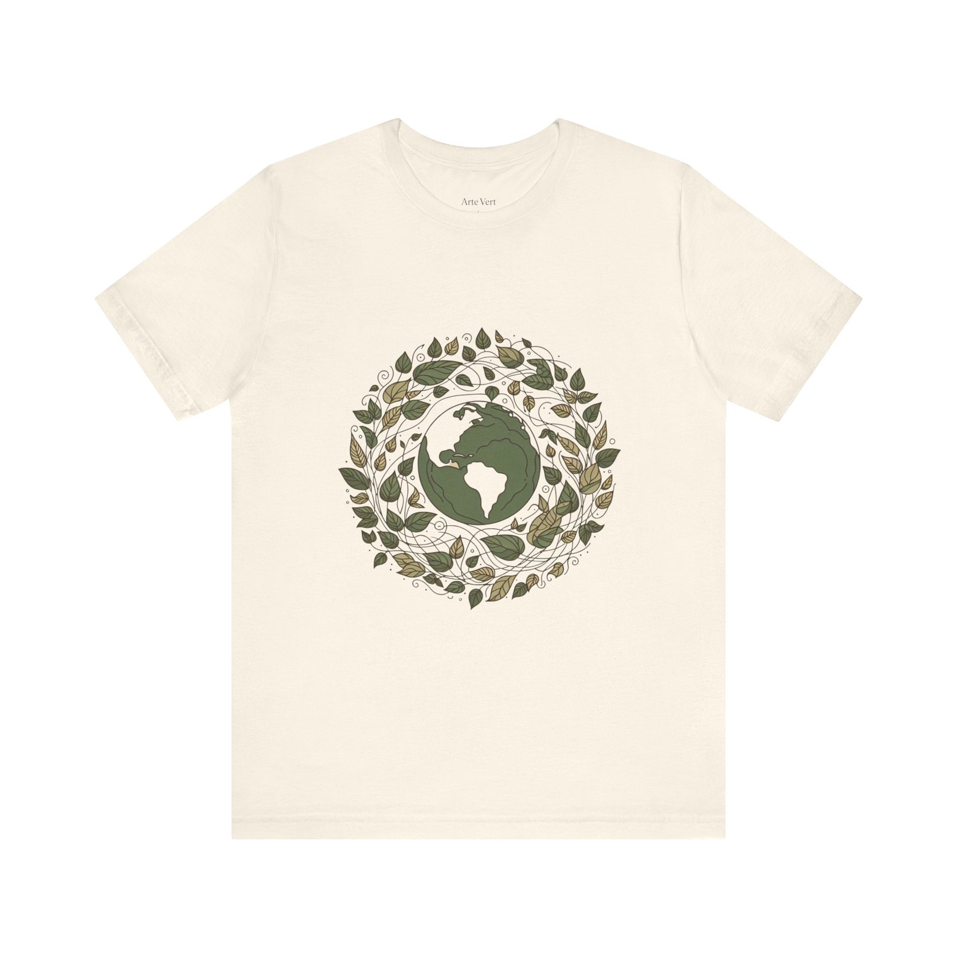 Beige t-shirt with a green leafy graphic on a white background