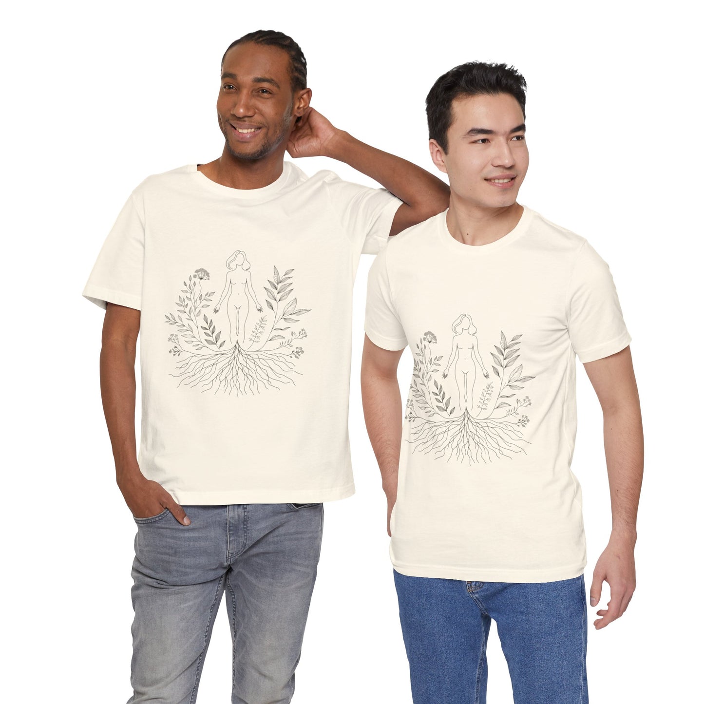 Earthbound Woman Tee – Botanical Line Art Drawing, Spiritual Nude Design | Arte Vert Designs