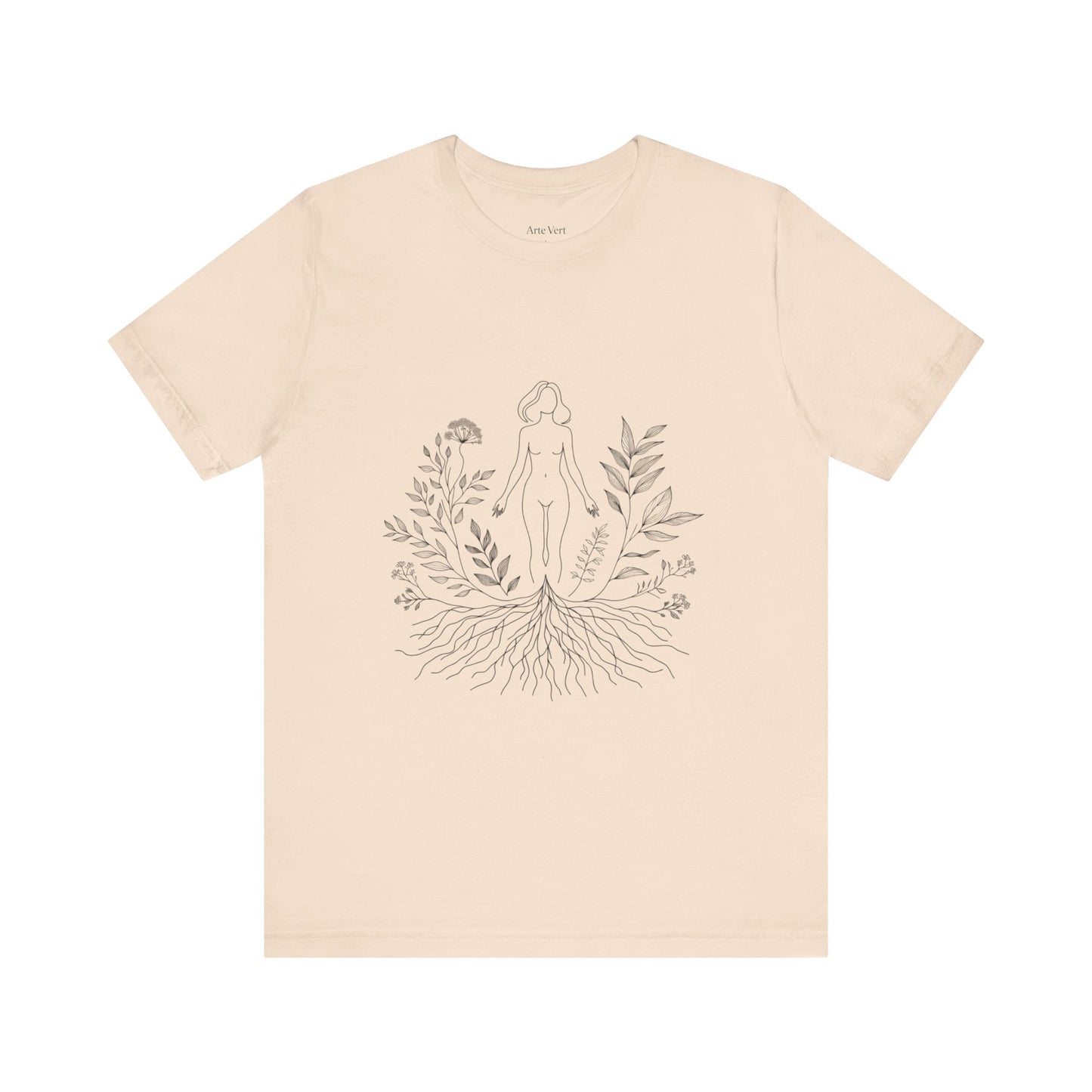 Earthbound Woman Tee – Botanical Line Art Drawing, Spiritual Nude Design | Arte Vert Designs