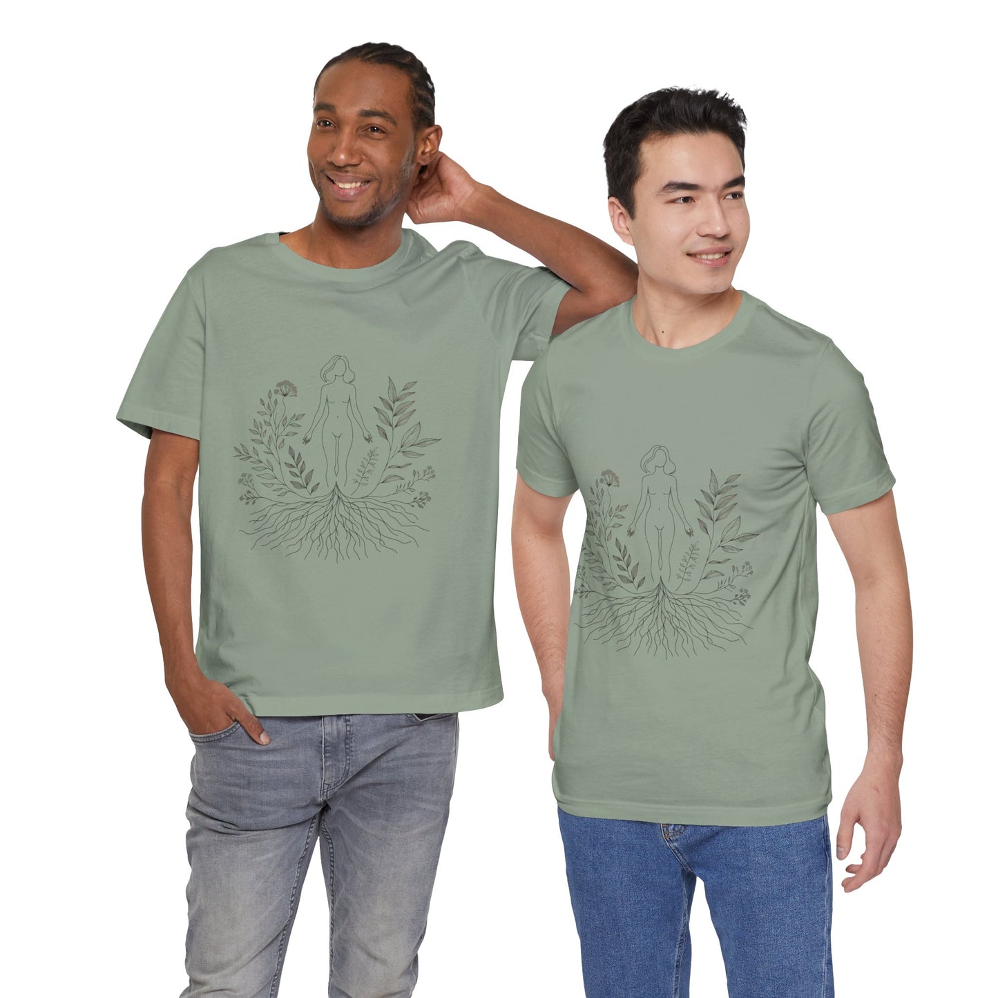 Earthbound Woman Tee – Botanical Line Art Drawing, Spiritual Nude Design | Arte Vert Designs