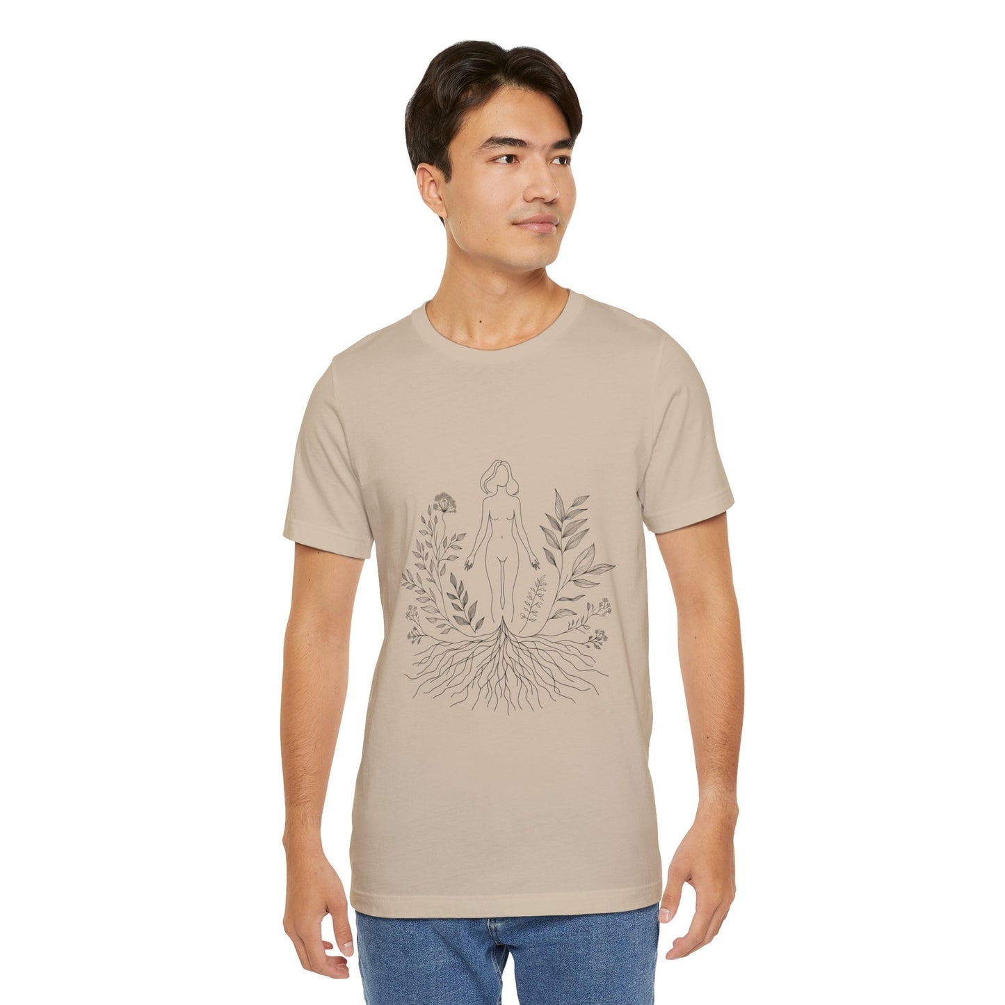 Earthbound Woman Tee – Botanical Line Art Drawing, Spiritual Nude Design | Arte Vert Designs