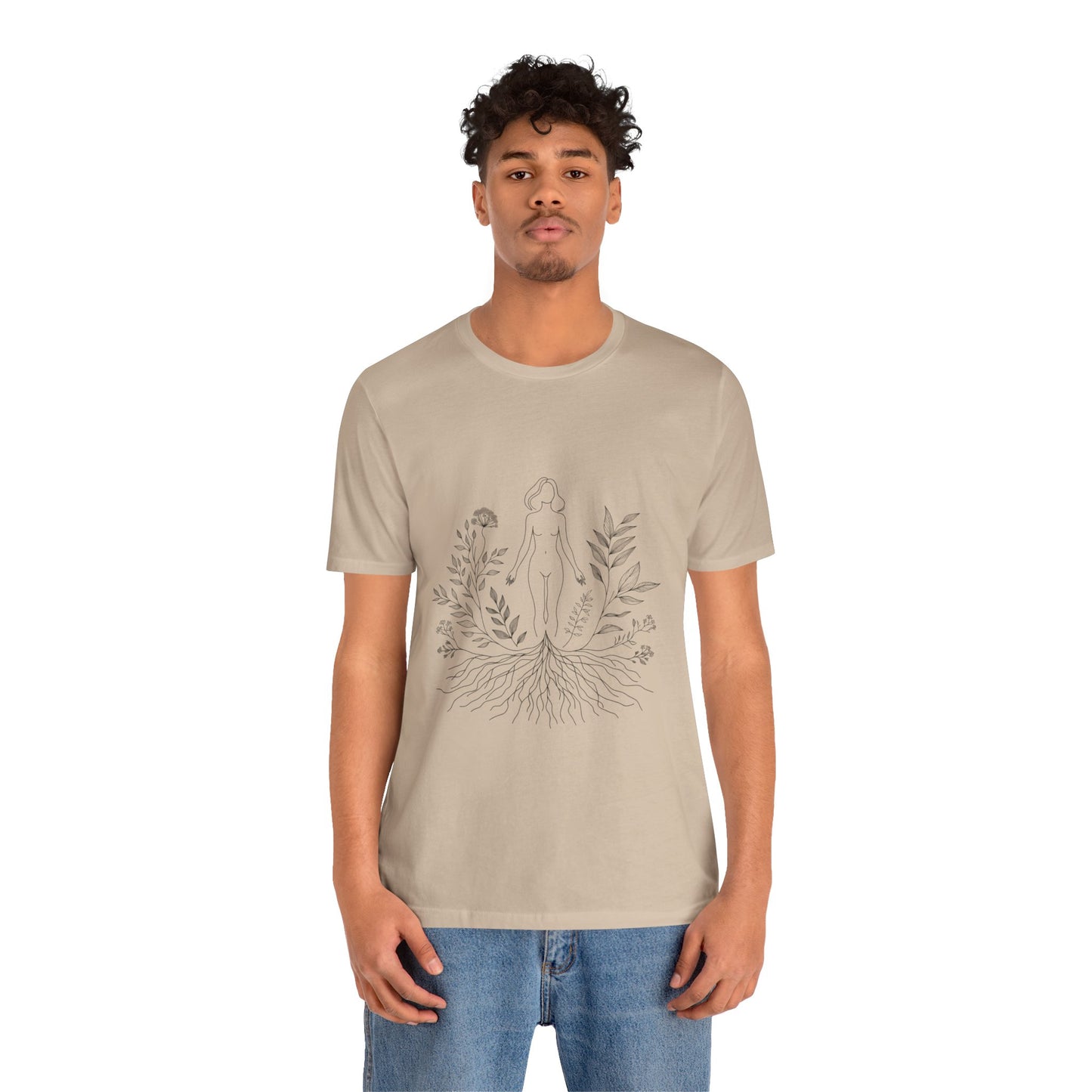 Earthbound Woman Tee – Botanical Line Art Drawing, Spiritual Nude Design | Arte Vert Designs