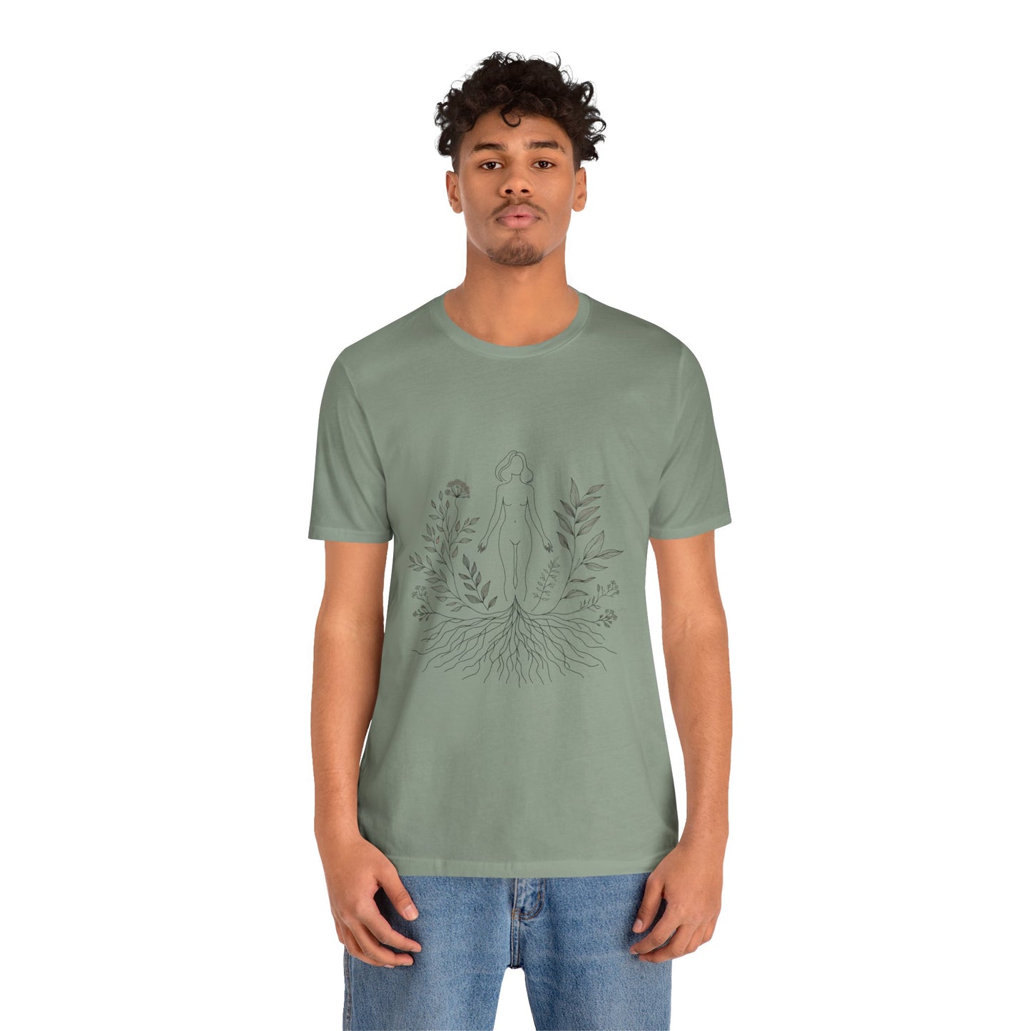 Earthbound Woman Tee – Botanical Line Art Drawing, Spiritual Nude Design | Arte Vert Designs