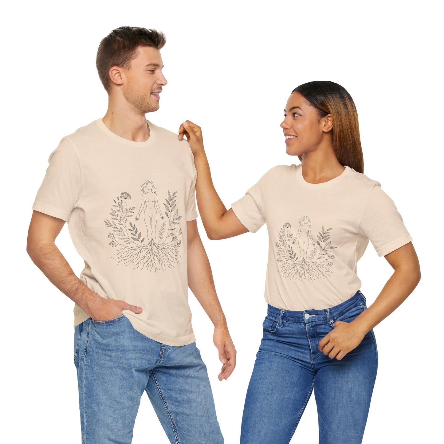 Earthbound Woman Tee – Botanical Line Art Drawing, Spiritual Nude Design | Arte Vert Designs