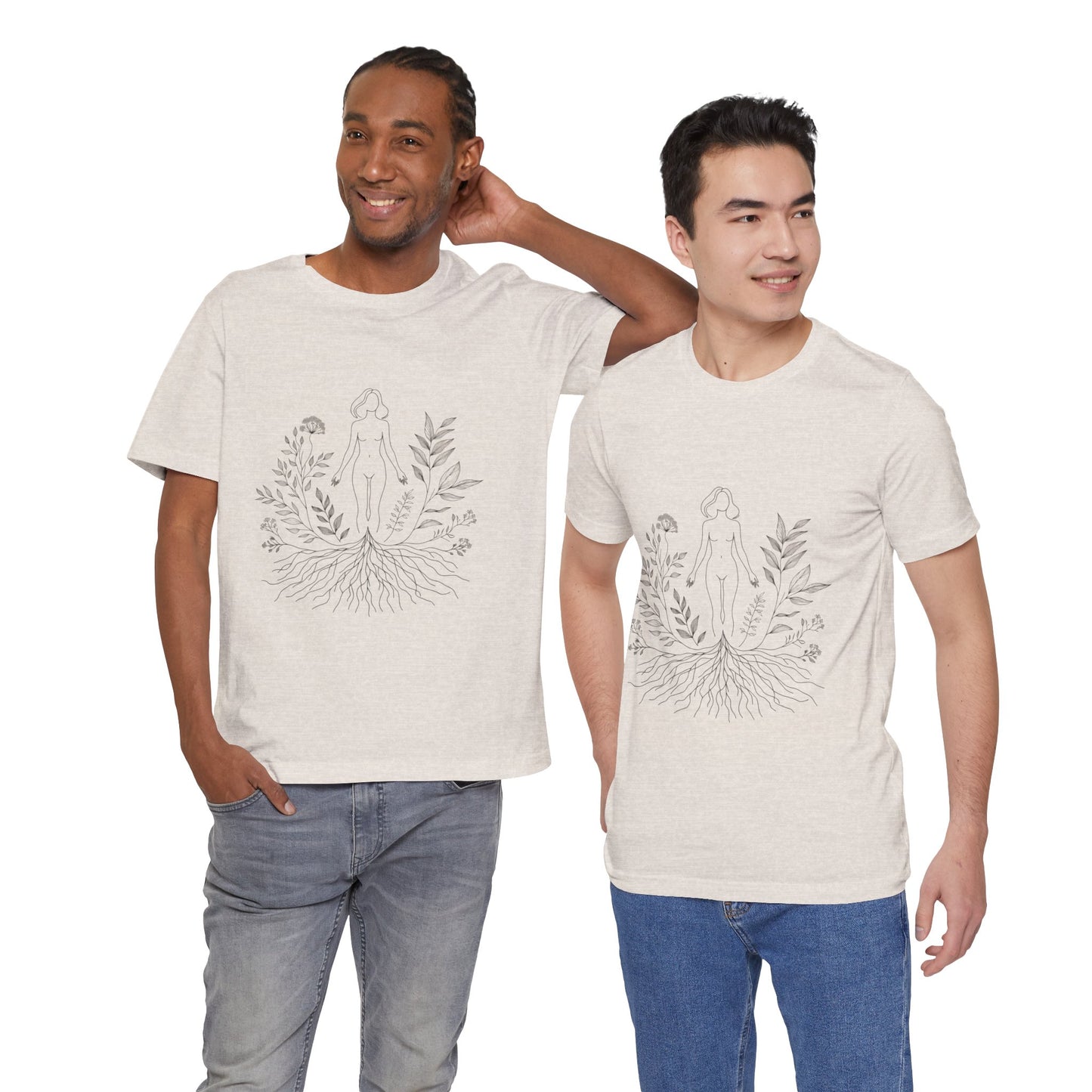 Earthbound Woman Tee – Botanical Line Art Drawing, Spiritual Nude Design | Arte Vert Designs