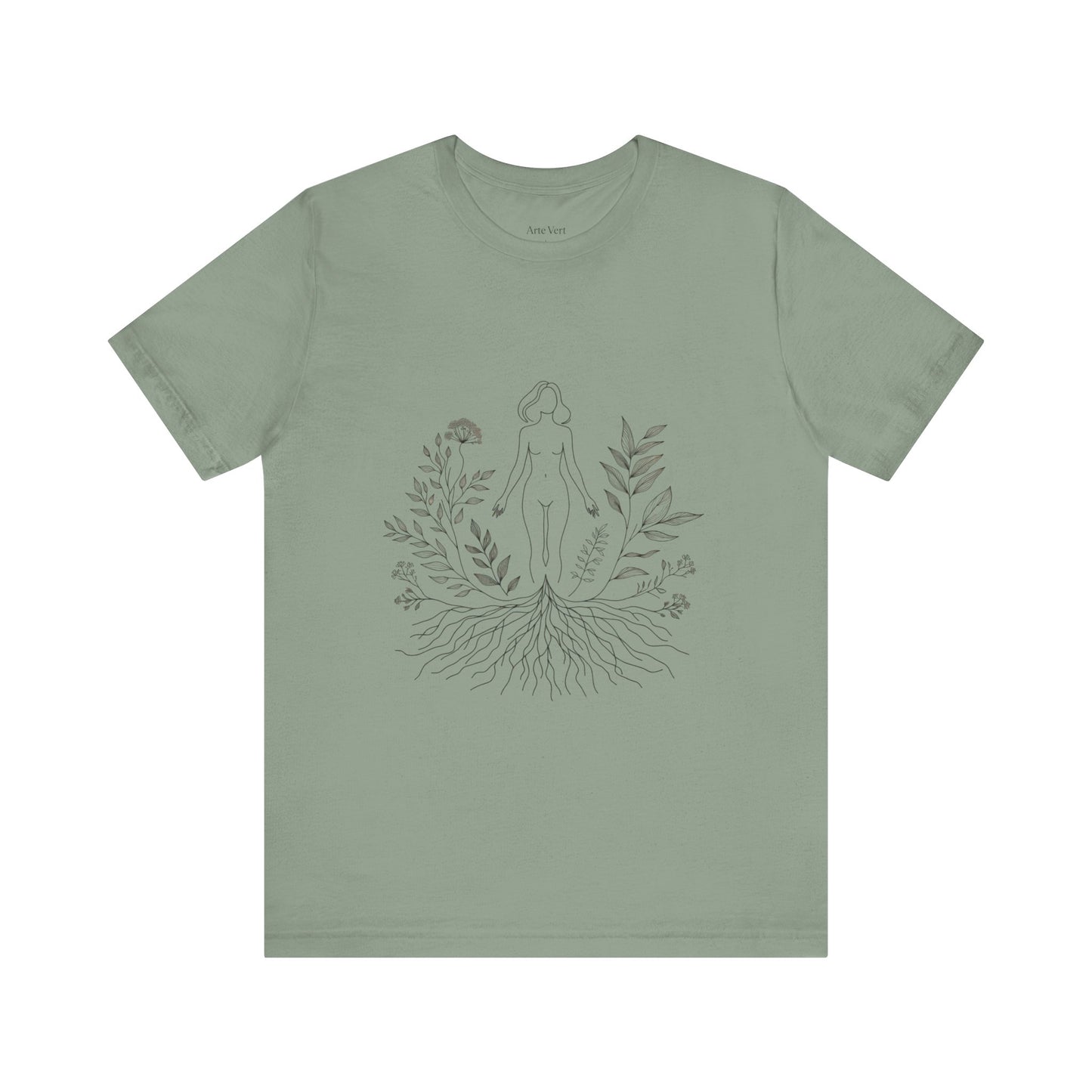 Earthbound Woman Tee – Botanical Line Art Drawing, Spiritual Nude Design | Arte Vert Designs