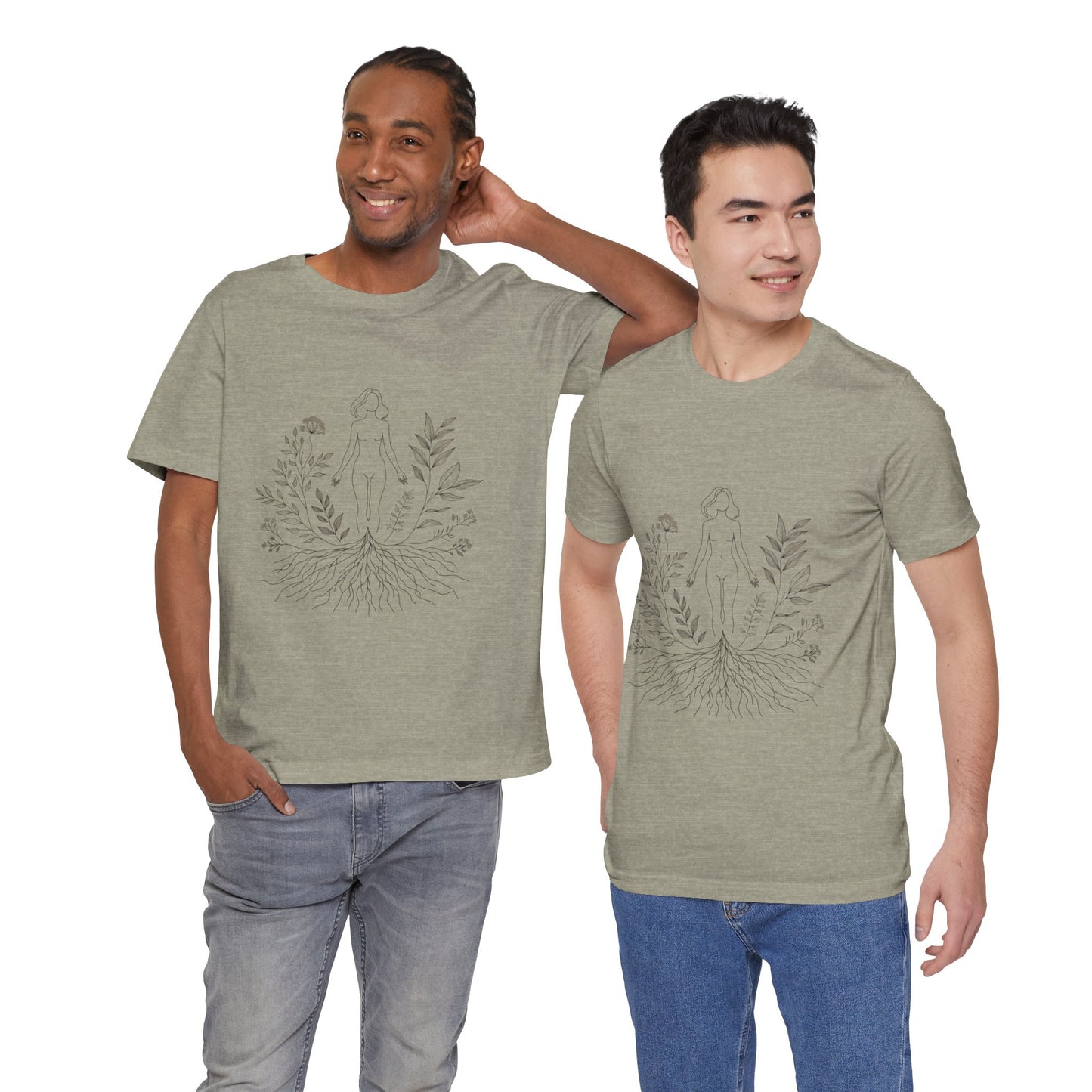 Earthbound Woman Tee – Botanical Line Art Drawing, Spiritual Nude Design | Arte Vert Designs