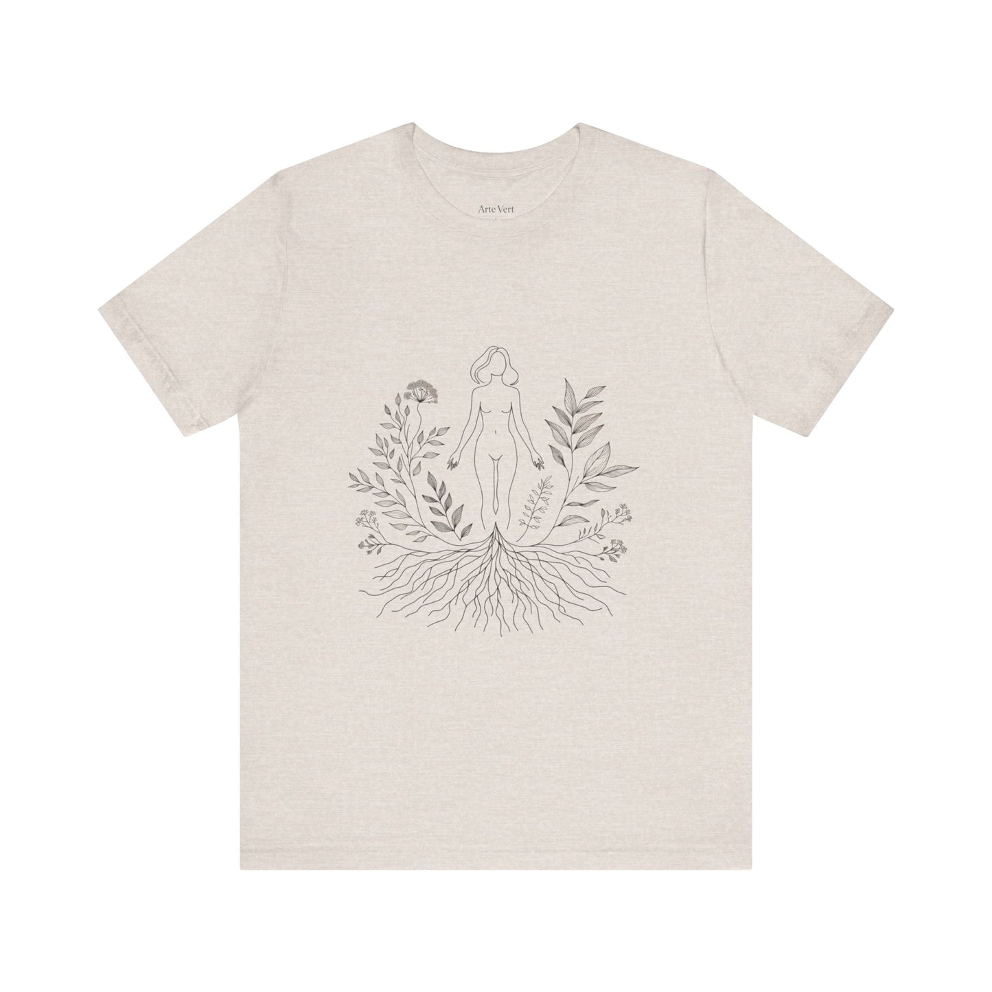 Earthbound Woman Tee – Botanical Line Art Drawing, Spiritual Nude Design | Arte Vert Designs