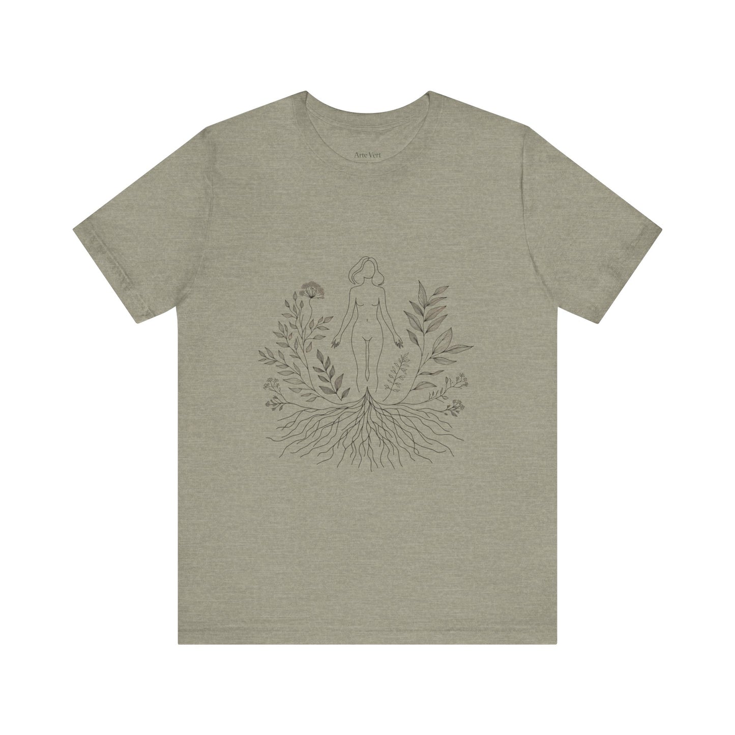 Earthbound Woman Tee – Botanical Line Art Drawing, Spiritual Nude Design | Arte Vert Designs