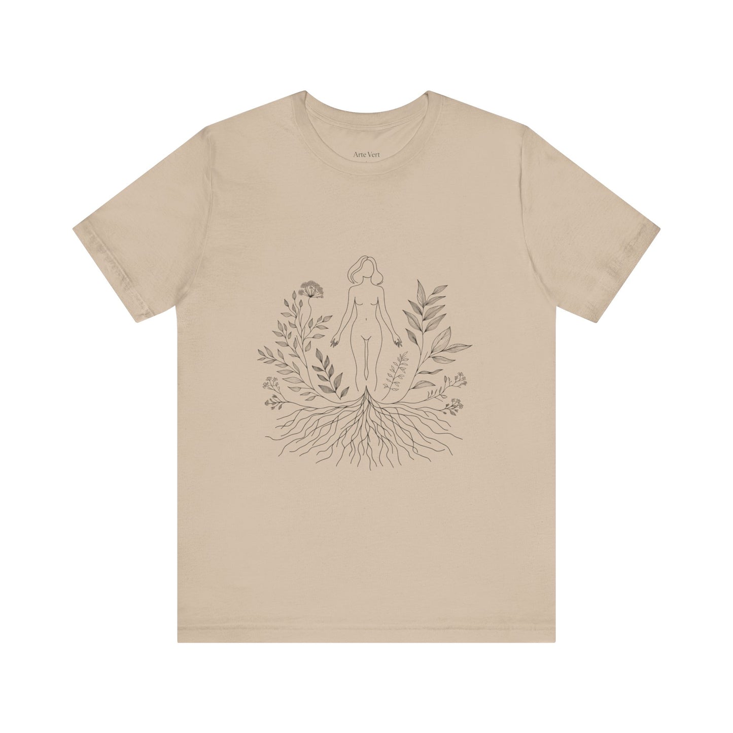 Earthbound Woman Tee – Botanical Line Art Drawing, Spiritual Nude Design | Arte Vert Designs