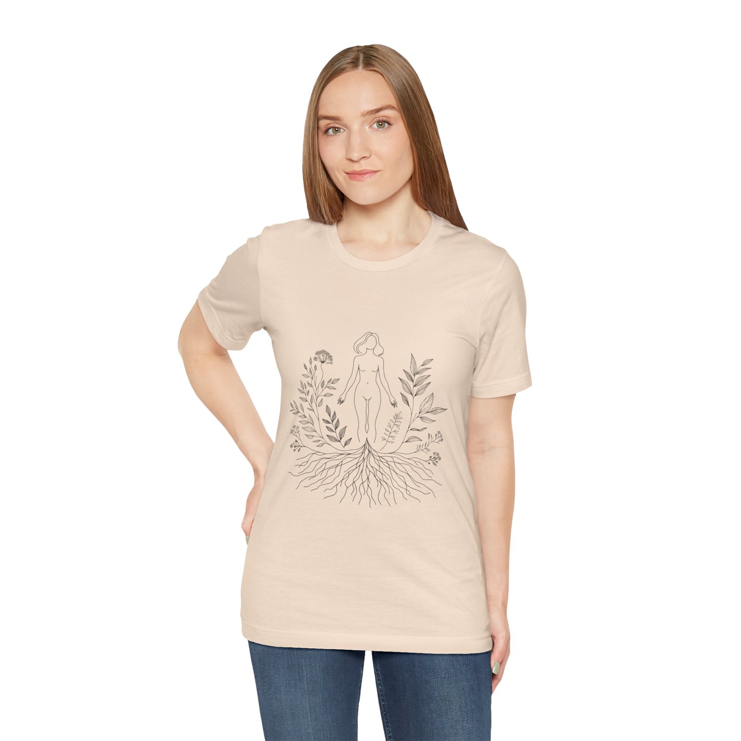 Earthbound Woman Tee – Botanical Line Art Drawing, Spiritual Nude Design | Arte Vert Designs
