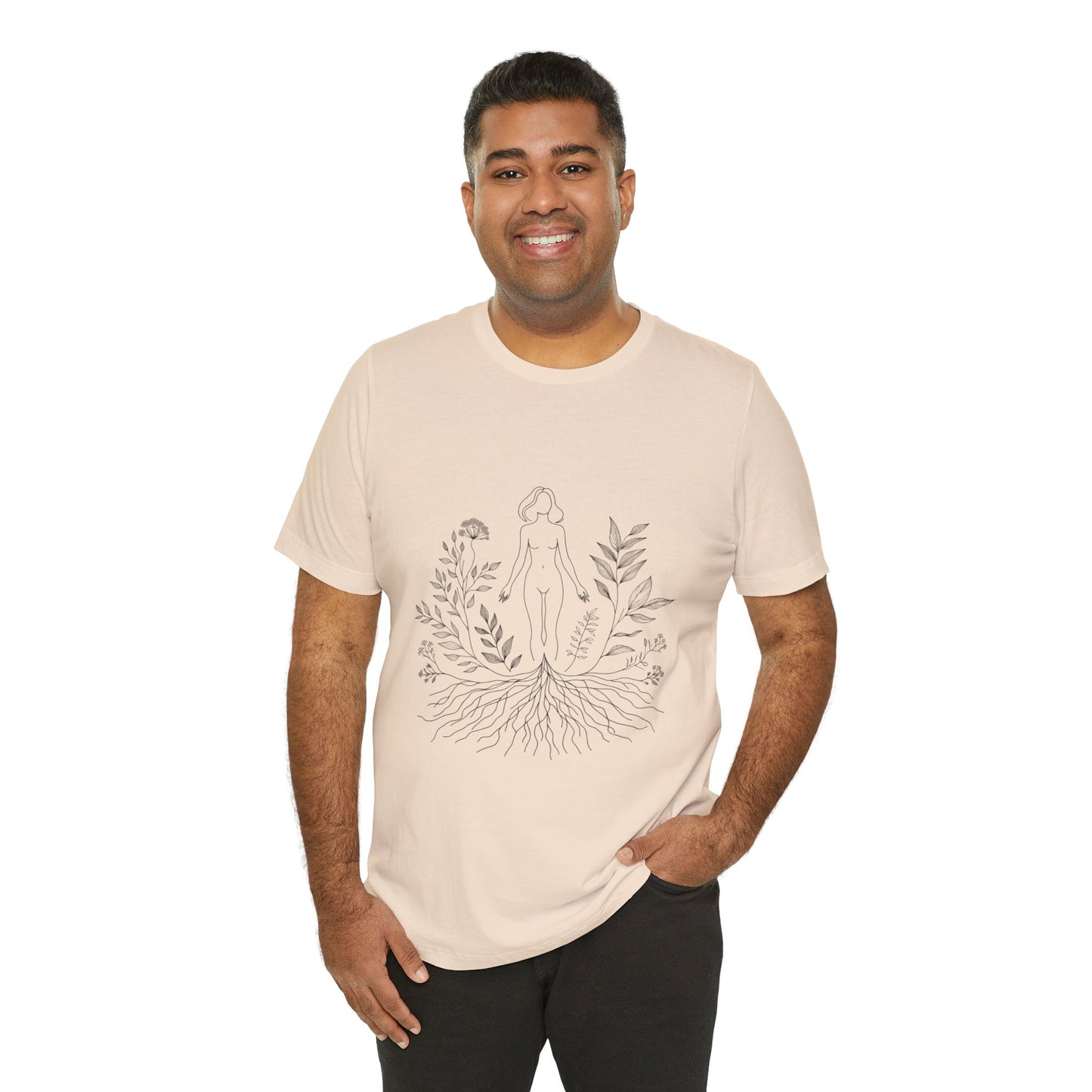Earthbound Woman Tee – Botanical Line Art Drawing, Spiritual Nude Design | Arte Vert Designs