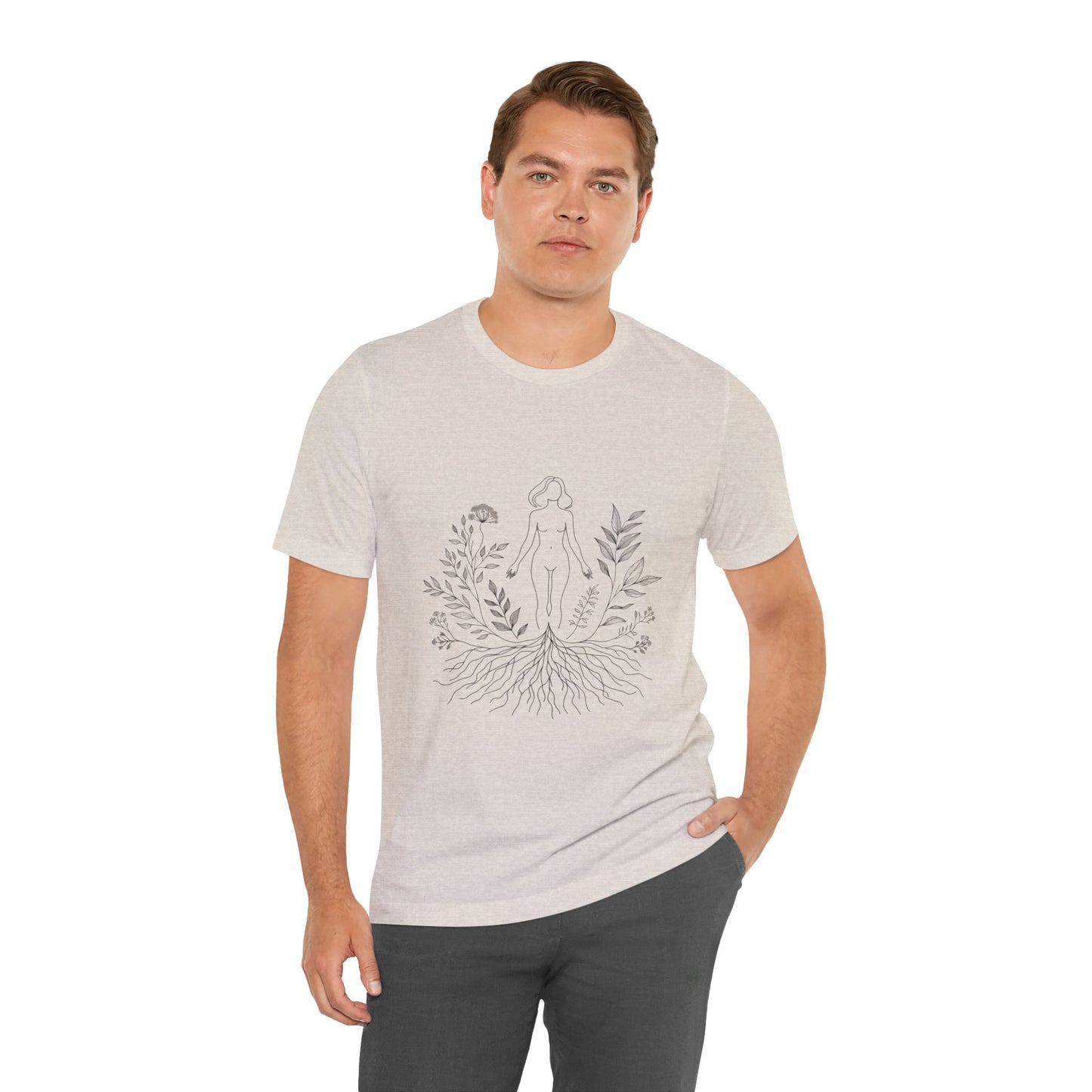 Earthbound Woman Tee – Botanical Line Art Drawing, Spiritual Nude Design | Arte Vert Designs