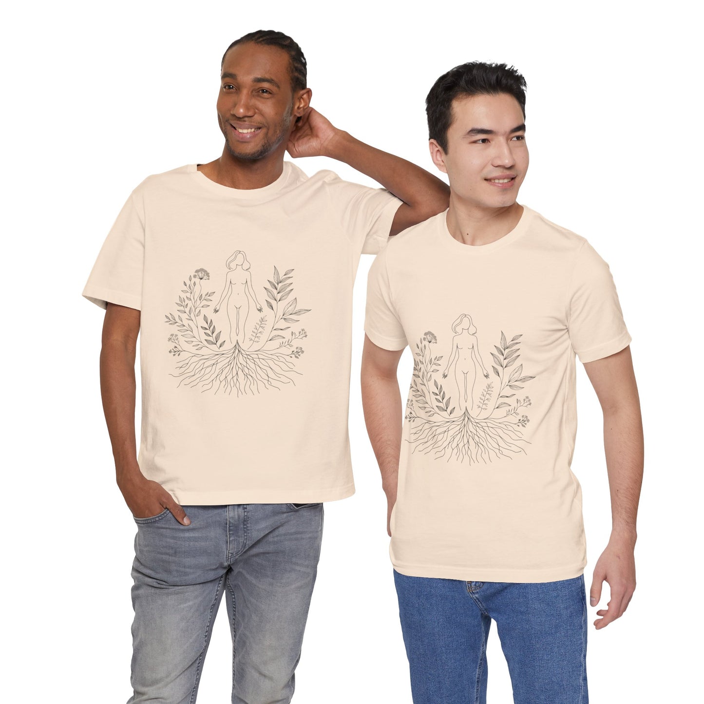Earthbound Woman Tee – Botanical Line Art Drawing, Spiritual Nude Design | Arte Vert Designs