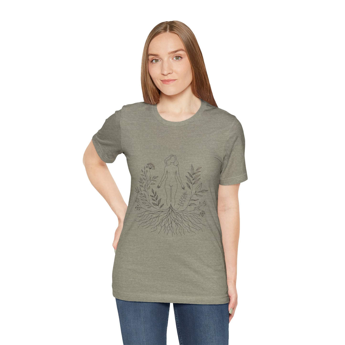 Earthbound Woman Tee – Botanical Line Art Drawing, Spiritual Nude Design | Arte Vert Designs