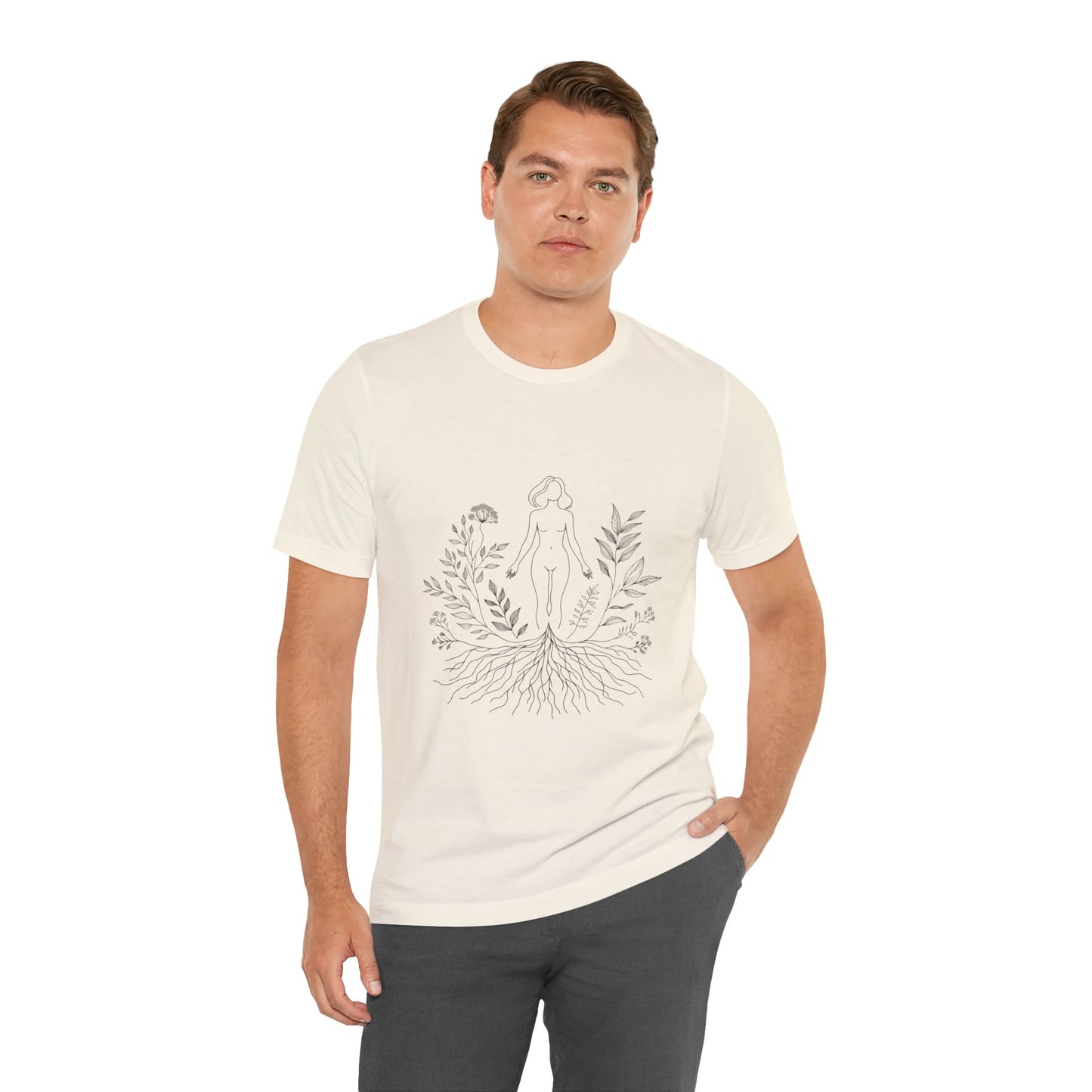 Earthbound Woman Tee – Botanical Line Art Drawing, Spiritual Nude Design | Arte Vert Designs