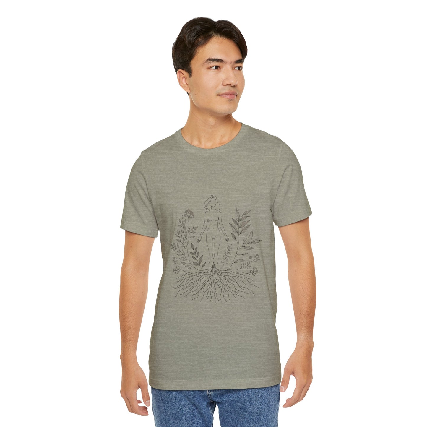 Earthbound Woman Tee – Botanical Line Art Drawing, Spiritual Nude Design | Arte Vert Designs