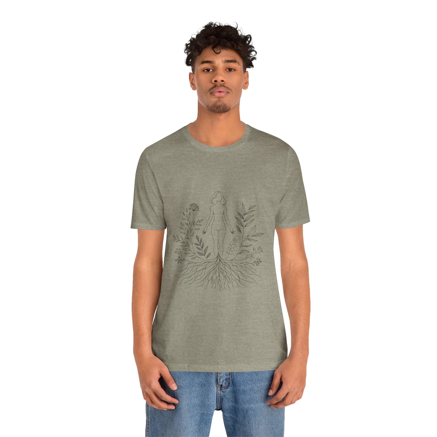 Earthbound Woman Tee – Botanical Line Art Drawing, Spiritual Nude Design | Arte Vert Designs