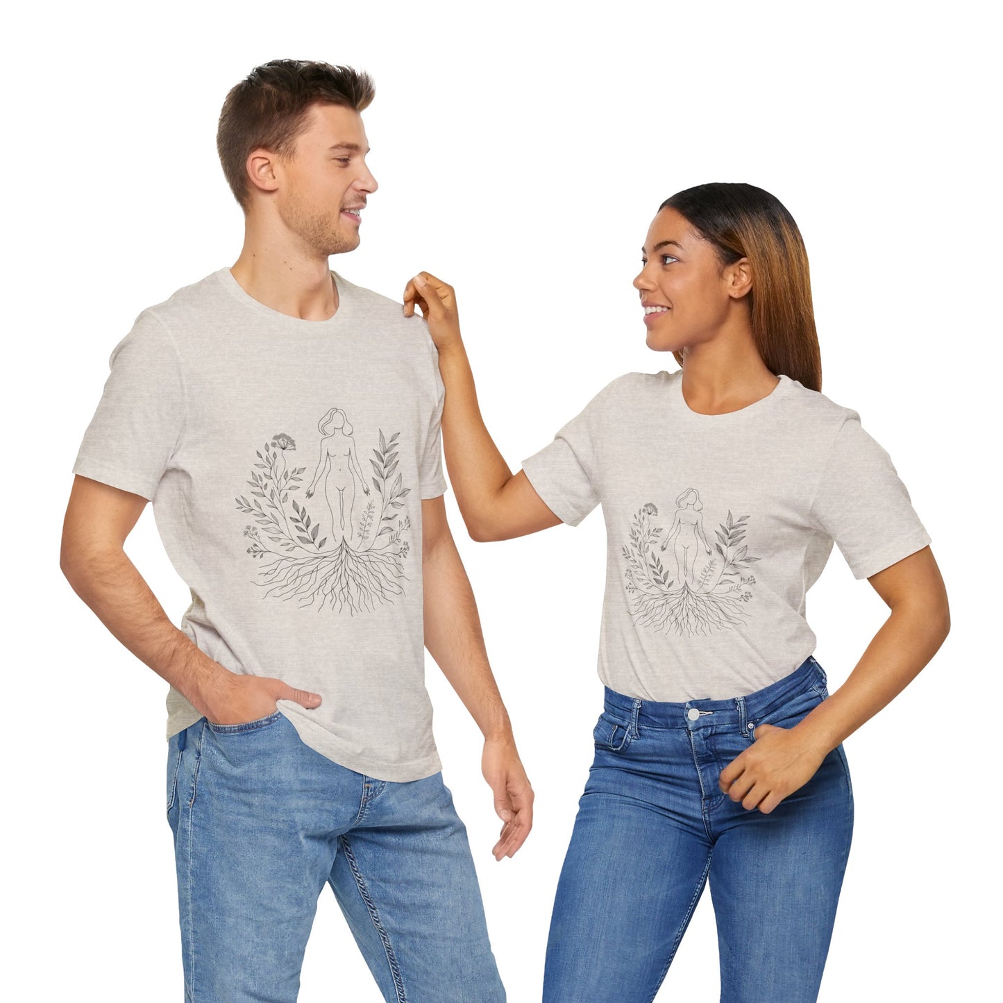 Earthbound Woman Tee – Botanical Line Art Drawing, Spiritual Nude Design | Arte Vert Designs