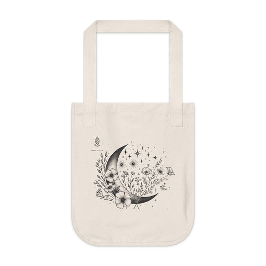 Moon in Bloom Tote – Boho Floral & Crescent Moon Line Art | Sustainable Celestial Canvas Bag