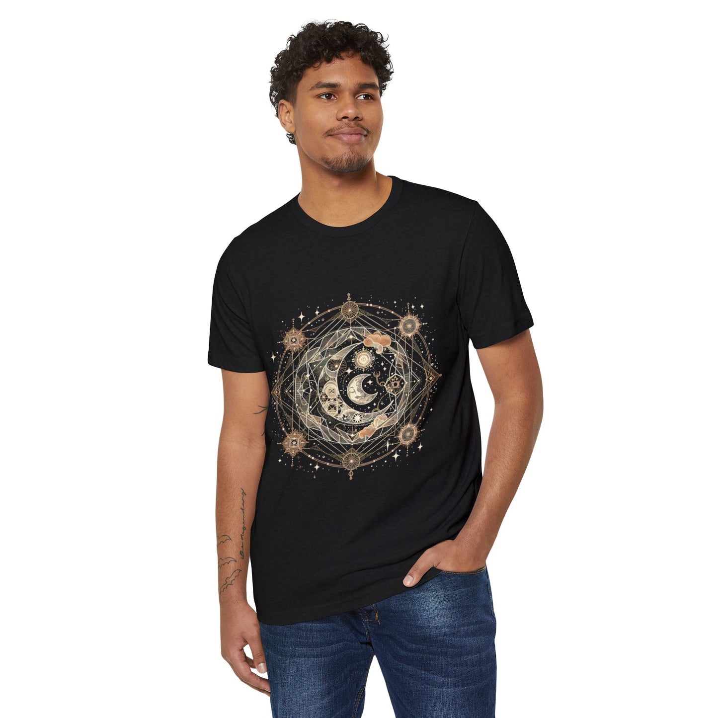 Celestial Boho Moon Phase Tee – Sacred Geometry Spiritual Shirt in Earth Tones | Arte Vert Design