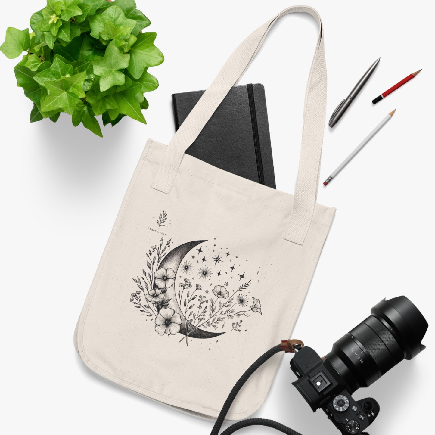 Moon in Bloom Tote – Boho Floral & Crescent Moon Line Art | Sustainable Celestial Canvas Bag