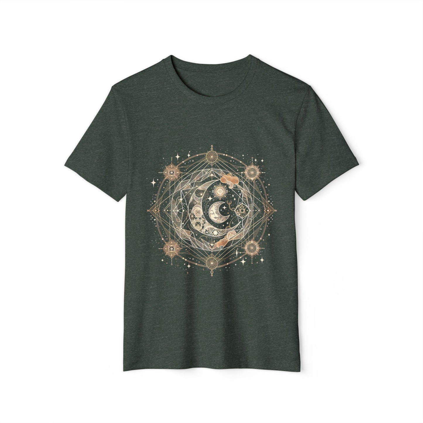 Celestial Boho Moon Phase Tee – Sacred Geometry Spiritual Shirt in Earth Tones | Arte Vert Design