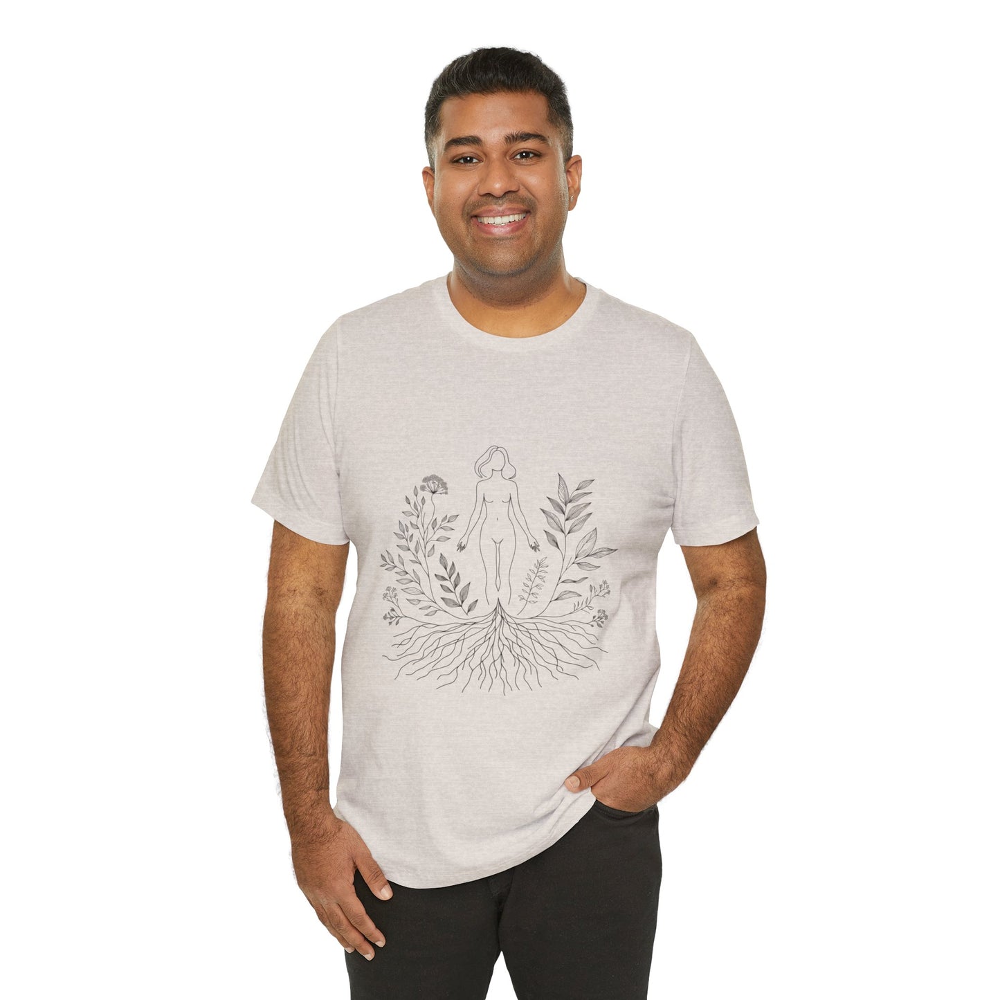 Earthbound Woman Tee – Botanical Line Art Drawing, Spiritual Nude Design | Arte Vert Designs