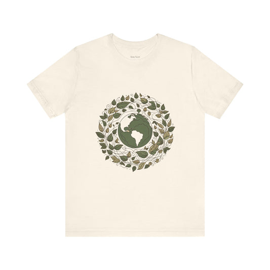 Beige t-shirt with a green leafy graphic on a white background