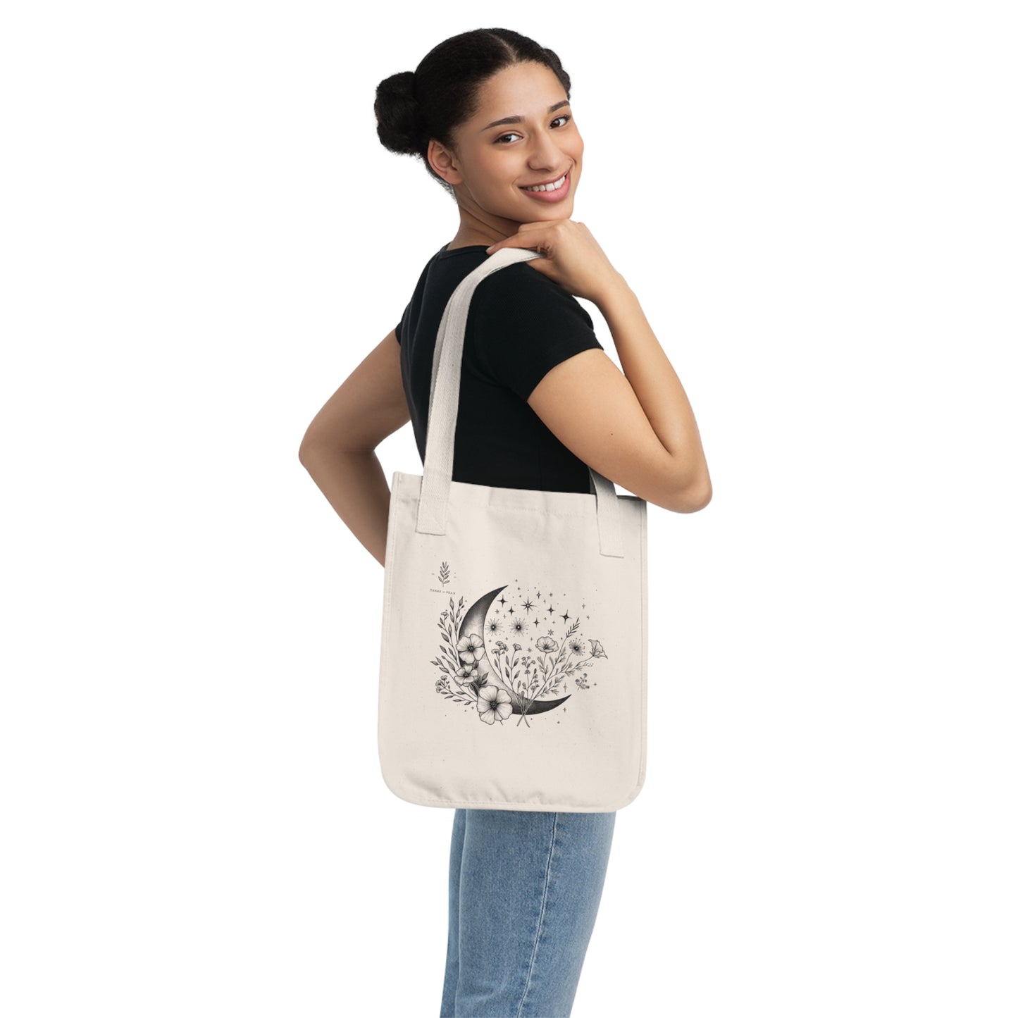 Moon in Bloom Tote – Boho Floral & Crescent Moon Line Art | Sustainable Celestial Canvas Bag