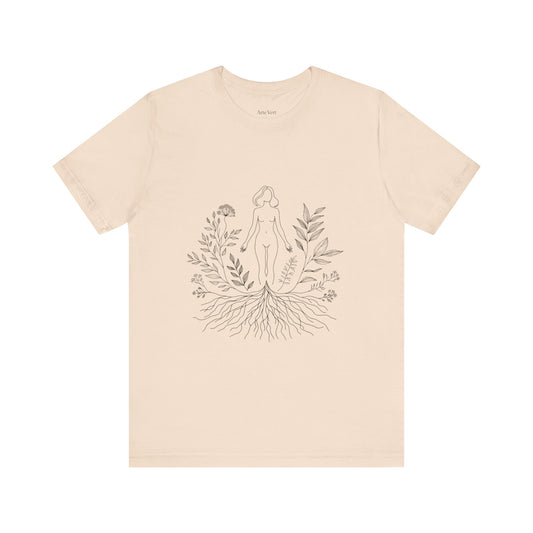 Earthbound Woman Tee – Botanical Line Art Drawing, Spiritual Nude Design | Arte Vert Designs