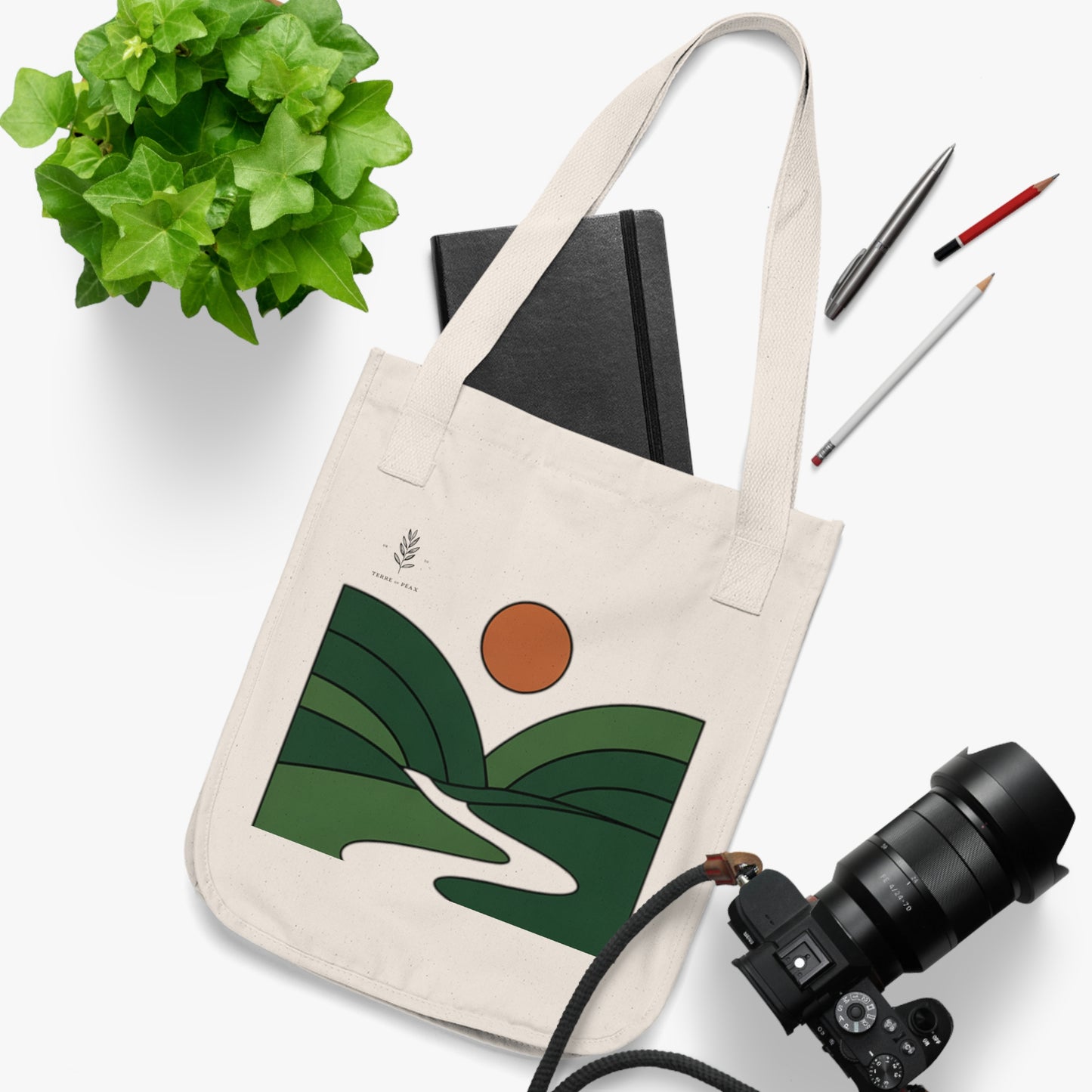 ArteVert Organic Canvas Tote - Minimal Landscape with Rolling Hills & Sunset