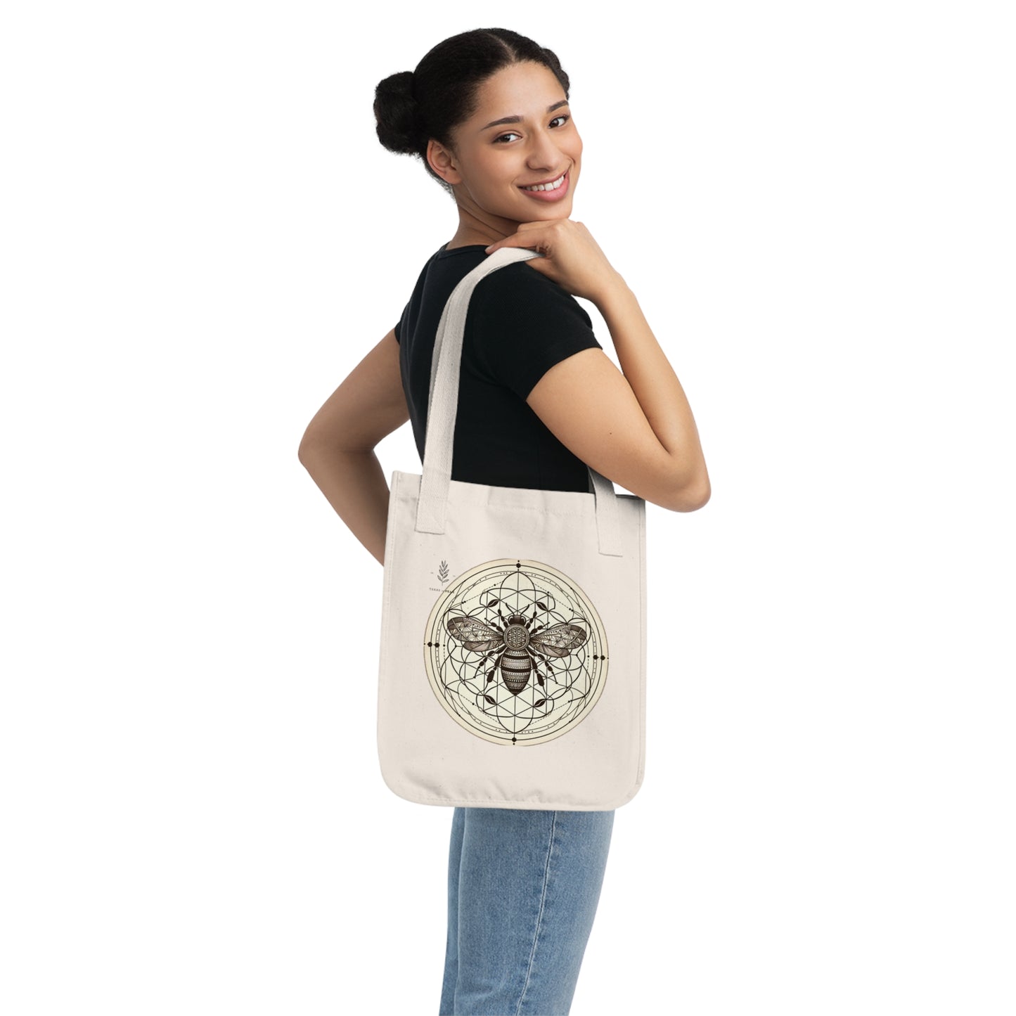 Sacred Geometry Bee Tote – Boho Bee & Flower of Life Design | Earthy Canvas Tote Bag