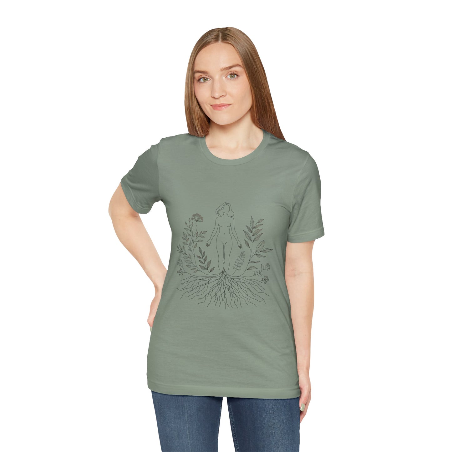 Earthbound Woman Tee – Botanical Line Art Drawing, Spiritual Nude Design | Arte Vert Designs