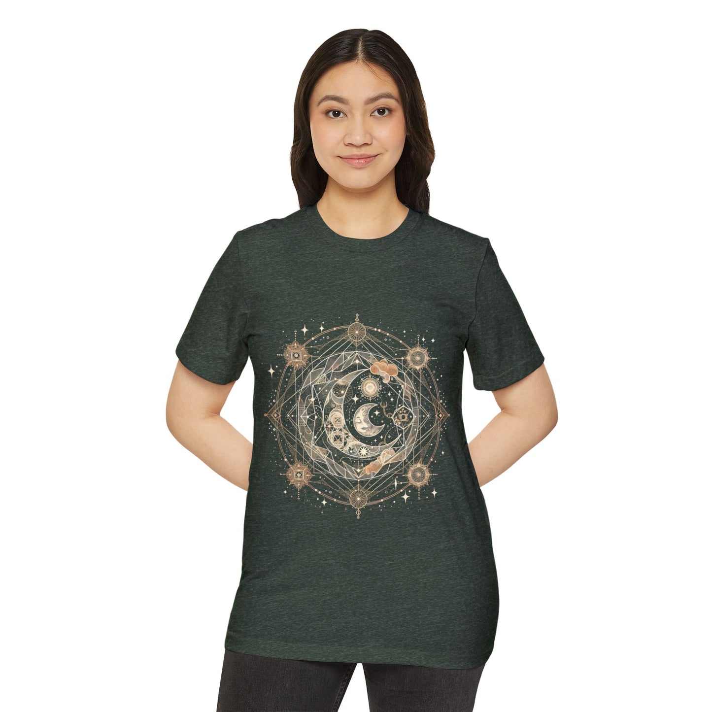 Celestial Boho Moon Phase Tee – Sacred Geometry Spiritual Shirt in Earth Tones | Arte Vert Design