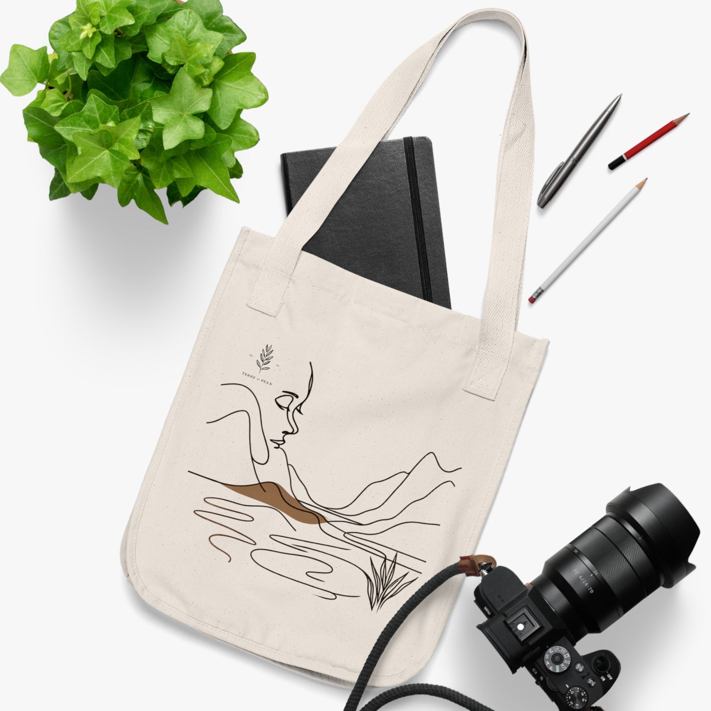 Eyes of the Earth Tote – Abstract Landscape & Meditation Line Art | Organic Cotton Tote Bag