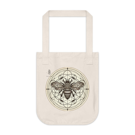 Sacred Geometry Bee Tote – Boho Bee & Flower of Life Design | Earthy Canvas Tote Bag