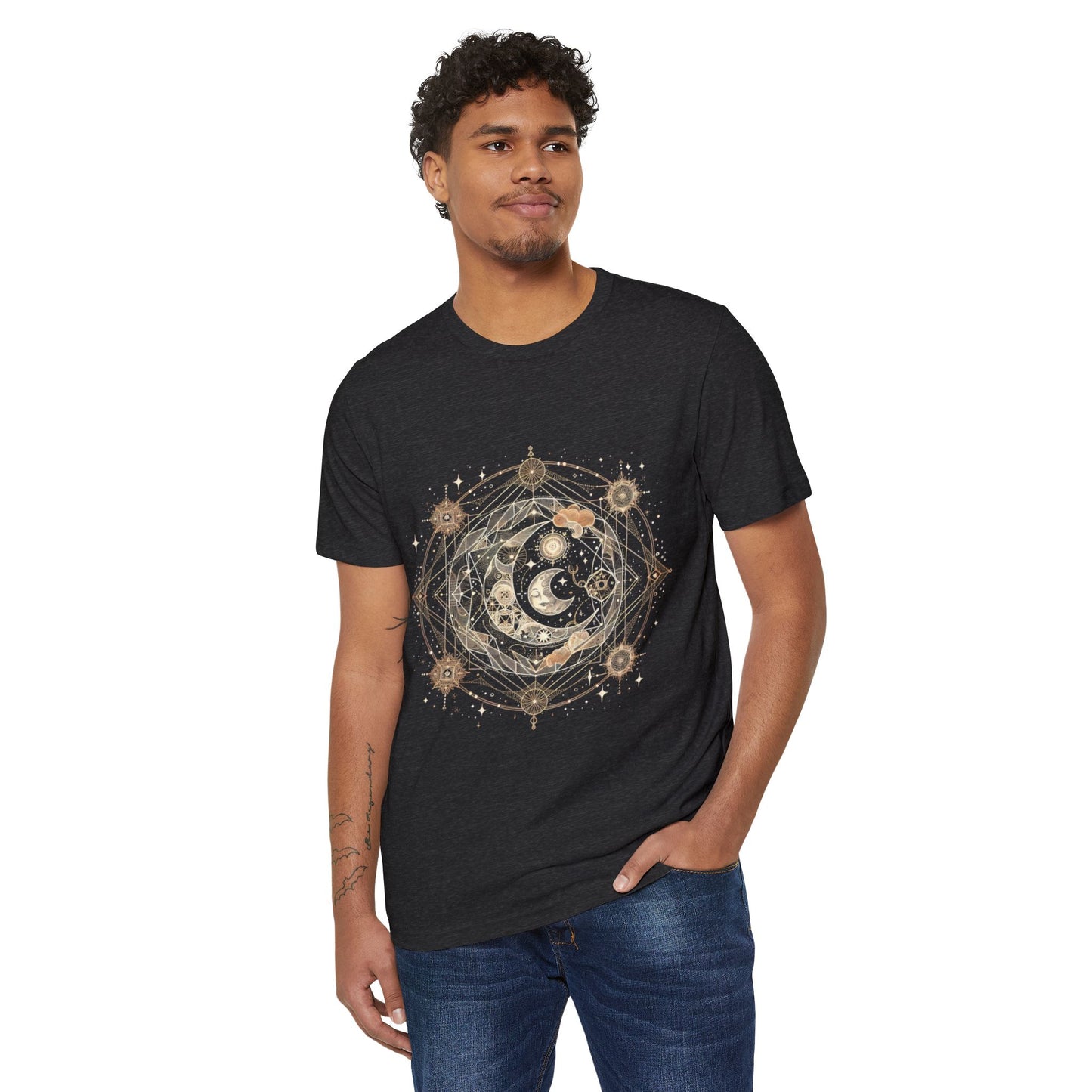 Celestial Boho Moon Phase Tee – Sacred Geometry Spiritual Shirt in Earth Tones | Arte Vert Design